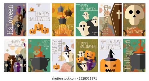 Happy Halloween set. Poster template with pumpkins, ghosts, skeletons and witch cauldron. Halloween gift cards. Trendy holiday flyers for cover, banner, postcard, social media, event.