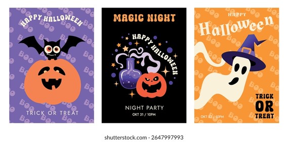 happy halloween set of posters, autumn eve, magic night celebration, pumpkin, bat, ghost, potion, vertical banner, invitation,  creative victor illustration