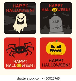 Happy halloween! Set of posters with ghost, pumpkin, spider and grave. 