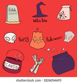 Happy Halloween set, potion cauldron and Wizards Hat. Pumpkin, witch and skull on a red background. Autumn vector elements in hand drawn style. Holiday basket with lollipops.