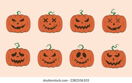 Happy Halloween set of pumpkin emoticons, vector hand drawn flat style.