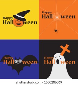 Happy Halloween set of pumpkin, ghost,bat and spider. funny holiday cartoon characters.