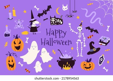 Fröhliches Halloween-Set mit Kürbissen, Fledermaus, Dekorationselementen. Böhmische mystische Zauberkollektion Clipart Art. Trendy moderne Vektorgrafik, handgezeichnet, flach gestaltet. 