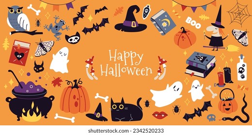 Happy Halloween set with pumpkins, bat and decoration  carnival elements. Mystical magic collection clip art. Trendy modern vector illustration on orange background, hand drawn, flat design