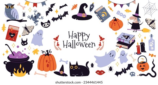 Happy Halloween set with pumpkins, bat and decoration  carnival elements. Mystical magic collection clip art. Trendy modern vector illustration isolated on white background, hand drawn, flat design