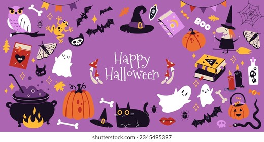 Happy Halloween set with pumpkins, bat and decoration  carnival elements. Mystical magic collection clip art. Trendy modern vector illustration on purple background, hand drawn, flat design