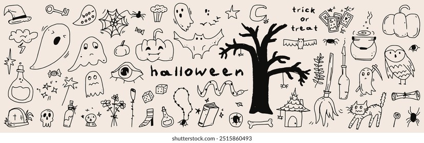 Happy Halloween set with pumpkins, bat, ghosts and decoration carnival elements. Mystical magic collection clip art. Trendy modern doodle vector illustration. hand-drawn vector art
