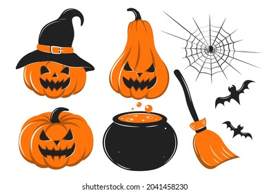 Happy Halloween. Set with pumpkins, cobwebs, spider, bat, with a vat of potion and a broom.  Vector illustration for Holiday poster, greeting card, party invit