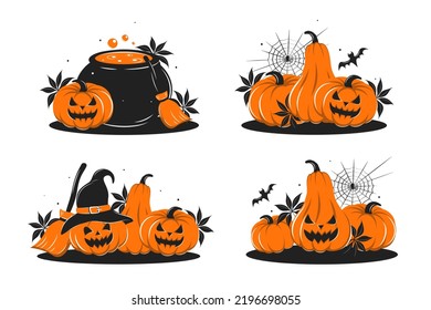 Happy Halloween. Set with pumpkins, cobwebs, spider, bat, with a vat of potion and a broom. Vector illustration for Holiday poster, greeting card, party invite