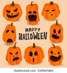 Fröhliches Halloween. Kürbisse mit unterschiedlichen Gesichtsgefühlen. Kürbisgesicht, scharf geschnitzt. Herbstgemüse