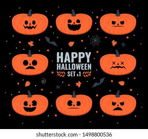 Happy halloween. Set of pumpkins, funny faces. Halloween emoticons. Vector illustration.