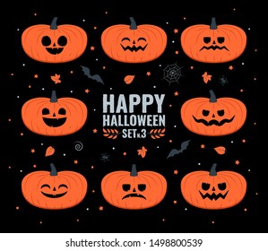 Happy halloween. Set of pumpkins, funny faces. Halloween emoticons. Vector illustration.