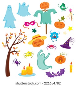 Happy Halloween set with pumpkins, ghosts, spiders ... Vector illustration. 
