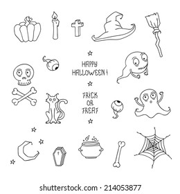 Happy Halloween. Set with pumpkins, skulls, cats, spider's web, ghosts, monsters, witch hat. Trick or treat. Vector illustration. Background.