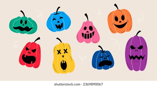 Happy Halloween. A set of scary and funny pumpkins. Colorful vector illustration
