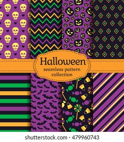 Happy Halloween! Set of seamless backgrounds with bats, pumpkins, skulls, candies and abstract geometric patterns. Vector collection in black, yellow, orange, green and purple colors. 