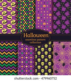Happy Halloween! Set of seamless backgrounds with bats, pumpkins, skulls, spiders, web, ghosts and abstract geometric patterns. Vector collection in black, yellow, orange, green and purple colors. 