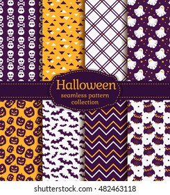 Happy Halloween! Set of seamless backgrounds with pumpkins, skulls, gloomy owls, bats, ghosts and abstract geometric patterns. Vector collection in purple, orange and white colors.
