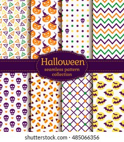Happy Halloween! Set of seamless backgrounds with pumpkins, skulls, candy corn, bats and abstract geometric patterns. Vector collection in white, purple, orange, yellow and green colors.