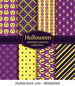 Happy Halloween! Set of seamless backgrounds with pumpkins, skulls, bats, crosses and abstract geometric patterns. Vector collection in purple,  black and yellow colors.