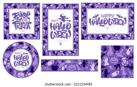 Happy Halloween. Set of seamless pattern, border, circle frame, with objects on Halloween theme, lettering. Beautiful for any plain and cute designs for Halloween celebration. Vector illustration