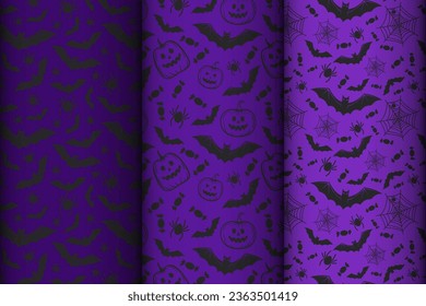 Happy Halloween! Set of seamless patterns with traditional holiday symbols: skulls, bats, pumpkins, ghosts, spiders and web. Vector collection of patterns