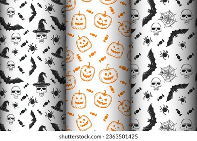 Happy Halloween! Set of seamless patterns with traditional holiday symbols: skulls, bats, pumpkins, ghosts, spiders and web. Vector collection of patterns