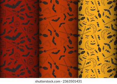 Happy Halloween! Set of seamless patterns with traditional holiday symbols: skulls, bats, pumpkins, ghosts, spiders and web. Vector collection of patterns