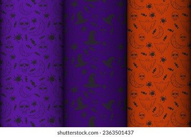 Happy Halloween! Set of seamless patterns with traditional holiday symbols: skulls, bats, pumpkins, ghosts, spiders and web. Vector collection of patterns