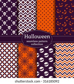 Happy Halloween! Set of seamless patterns with traditional holiday symbols: skulls, bats, jack o'lantern and web. Collection of backgrounds in purple, orange and white colors. Vector illustration.