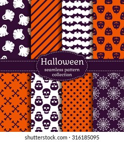 Happy Halloween! Set of seamless patterns with traditional holiday symbols: pumpkins, skulls, ghosts, bats and web. Collection of vector backgrounds in purple, orange and white colors. 