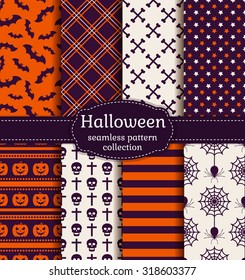 Happy Halloween! Set of seamless patterns with traditional holiday symbols: skulls, bats, pumpkins, spiders and web. Collection of backgrounds in purple, orange and white colors. Vector illustration.