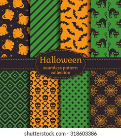 Happy Halloween! Set of seamless patterns with traditional holiday symbols: skulls, bats, ghosts, black cats and web. Collection of backgrounds in orange, black and green colors. Vector illustration.