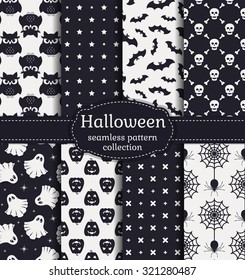 Happy Halloween! Set of seamless patterns with traditional holiday symbols: skulls, bats, pumpkins, ghosts, owls, spiders and web. Vector collection of backgrounds in black and white colors. 