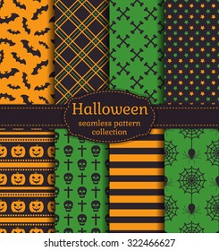 Happy Halloween! Set of seamless patterns with traditional holiday symbols: bats, pumpkins, skulls, spiders, web and other. Vector collection of backgrounds in black, orange and green colors. 