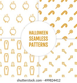 Happy Halloween set of seamless patterns with cauldron, cross, candies, coffin and graves . Backgrounds in white and orange colors. Endless texture for background wrapping paper. Vector illustration.