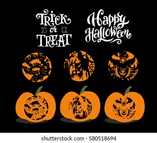 Happy Halloween - set of silhouette illustrations with hand made lettering