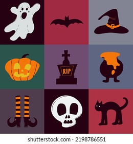 Happy Halloween Set. Set of simple color vector illustrations. Elements for the design of cards, posters, invitations