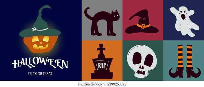 Happy Halloween Set. Set of simple color vector illustrations. Elements for the design of cards, posters, invitations