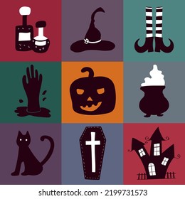 Happy Halloween Set. Set of simple color vector illustrations. Elements for the design of cards, posters, invitations