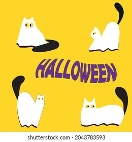 Happy Halloween. Set of simple flat vector illustrations for stickers, cards, backgrounds, ions. Set of cats with different eyes and characters in a ghost costume. Cute cartoon character.