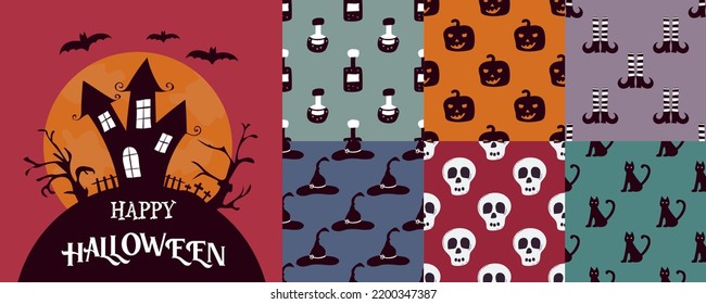 Happy Halloween Set. Set of simple vector illustrations of seamless patterns. Elements for designing cards, posters, invitations .