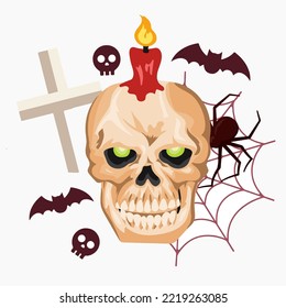 Happy halloween set with skull, spider web and cross . Vector, eps 