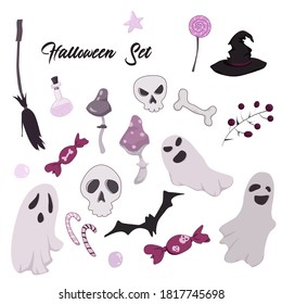 Happy halloween set with sweets, bones, ghosts, witch stuff and decoration. Clipart set of 21 elements. Vector illustration.