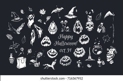 Happy Halloween! Set of Halloween symbols chicken, hat, ghosts. Hand-drawn white chalk on blackboard. Isolated vector for design of greeting cards & decoration of black walls