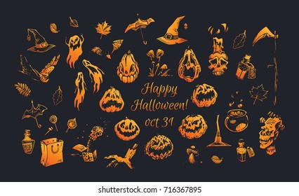 Happy Halloween! Set Halloween symbols. Hand-drawn orange silhouettes on black background. Isolated vector for design of greeting cards & decoration black walls