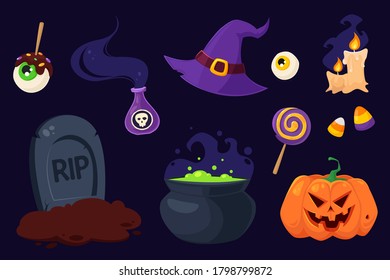 Happy Halloween. Set of Halloween symbols: pot, witch hat, potion, sweets, candles, grave, eye. Vector illustration in flat style.