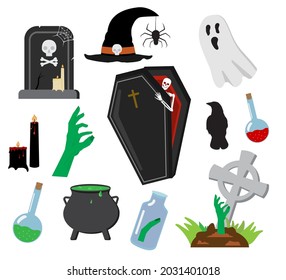 Happy Halloween set with tombstone, coffin, ghost, witch hat, potions, zombie hand, candles, cauldron. Isolated on a white background. Vector illustration.
