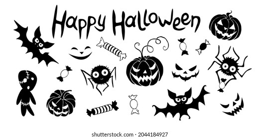 Happy Halloween. Set of traditional festive design elements and symbols - pumpkin, jack lantern, zombies,spiders, bats, candy. Black and white simple icons in flat style, isolated