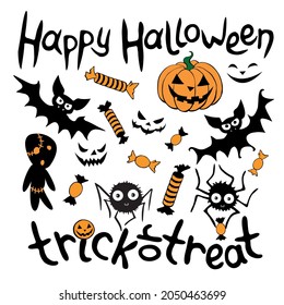 Happy Halloween. Set of traditional festive design elements and symbols - pumpkin, jack lantern, zombies,spiders, bats, candy. Simple icons and lettering in flat style, isolated